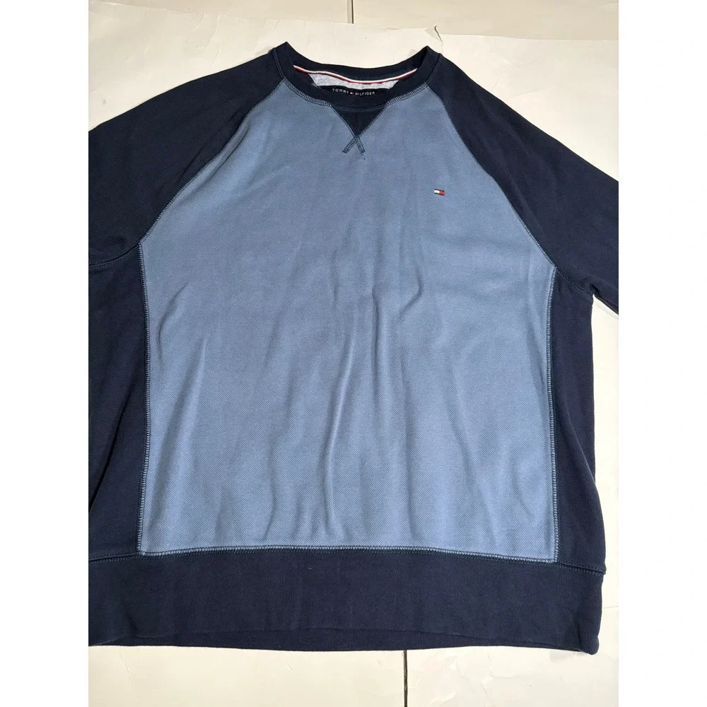 Tommy Hilfiger Pullover Mens Large Blue Colorblock Crewneck Flag Logo Cotton